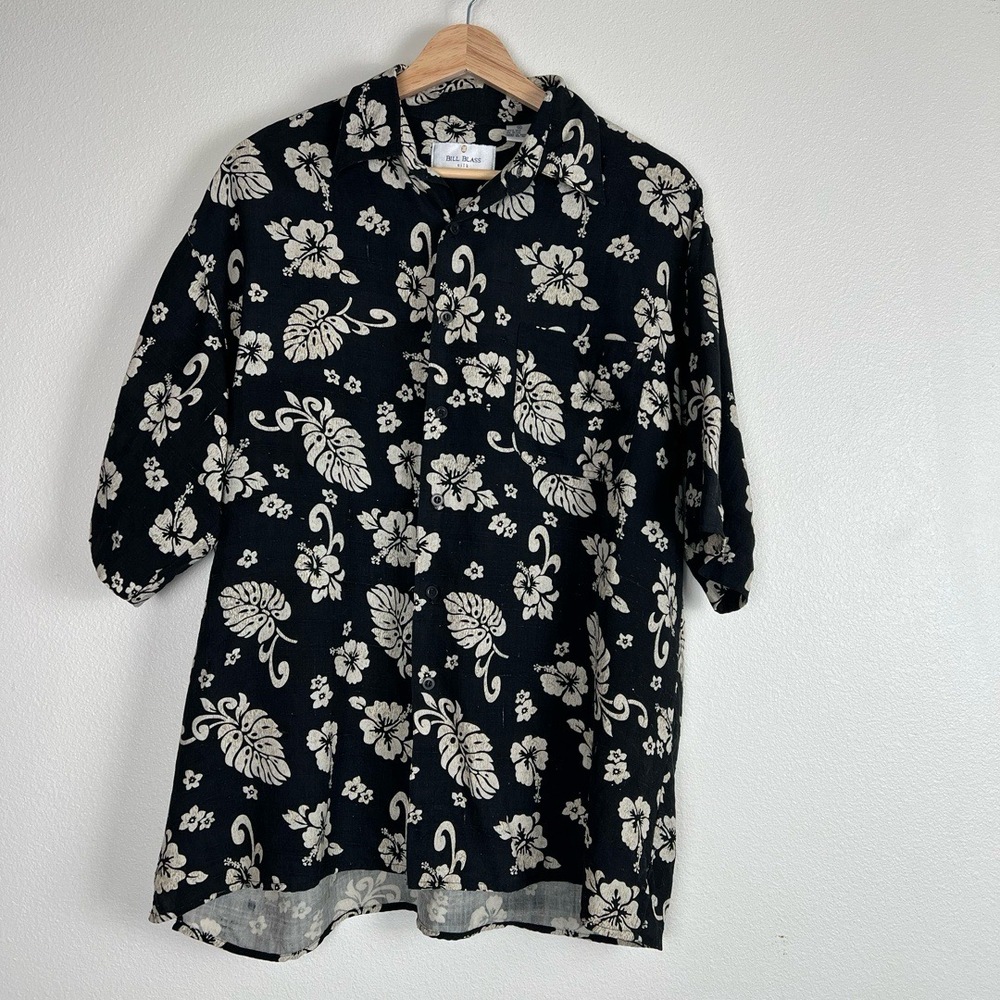 Bill Blass Shirt‎ Mens Size Medium Black Tan Aloha Button Up 100% Silk Tropical